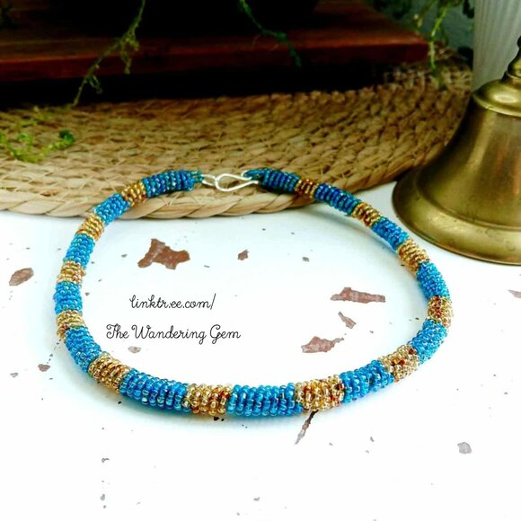 Beaded Rope Choker Necklace, Blue & Gold Seed Bead Jewelry, Boho Statement - Picture 4 of 6